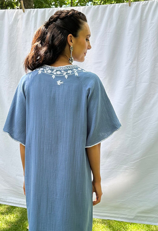 Malena blue and white embroidered caftan