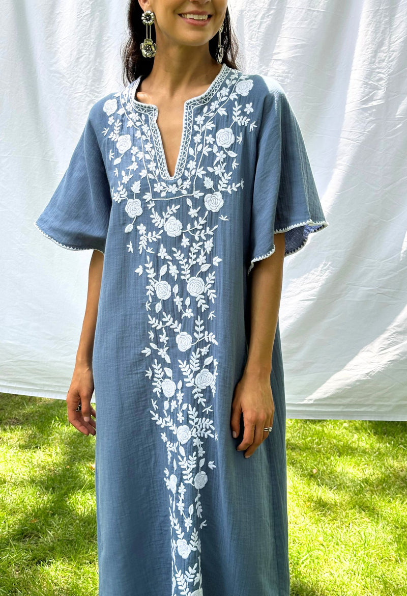 Malena blue and white embroidered caftan