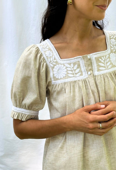 Maria tan and white embroidered blouse