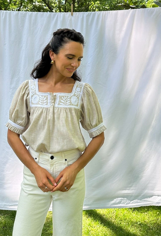 Maria tan and white embroidered blouse