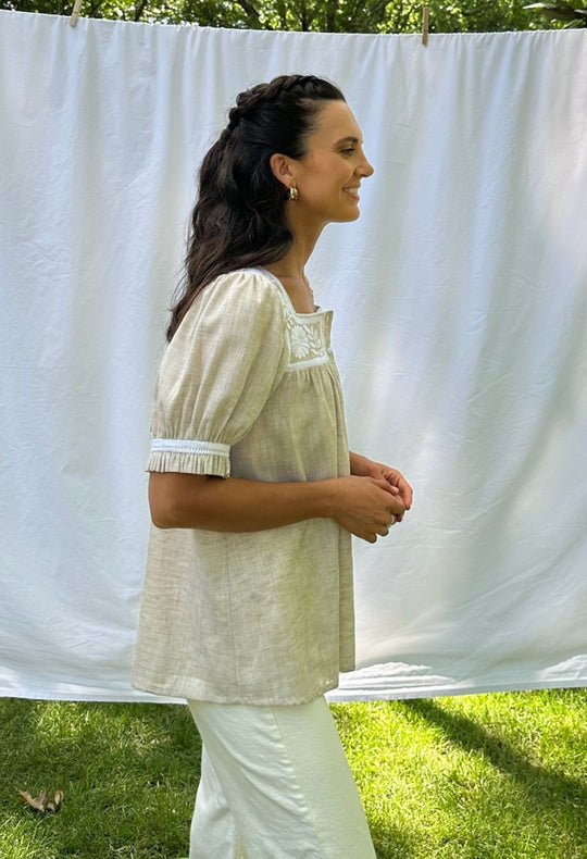Maria tan and white embroidered blouse