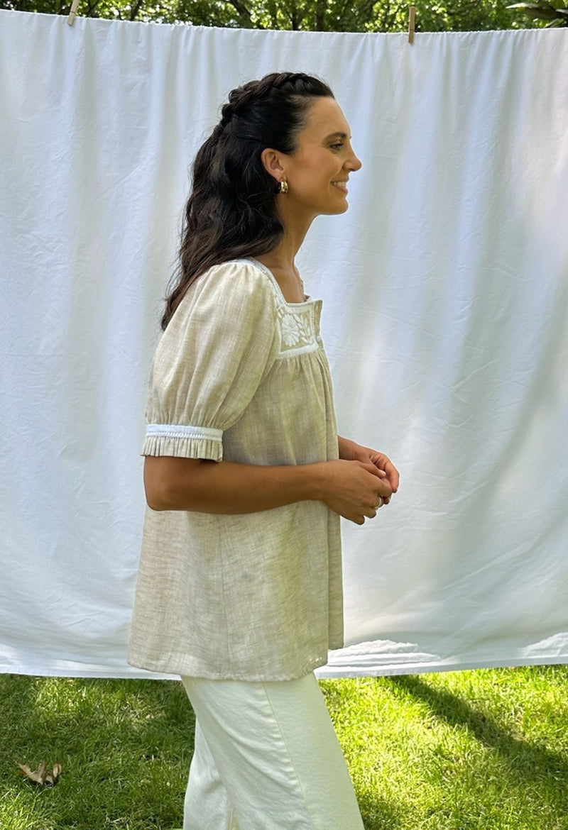 Maria tan and white embroidered blouse
