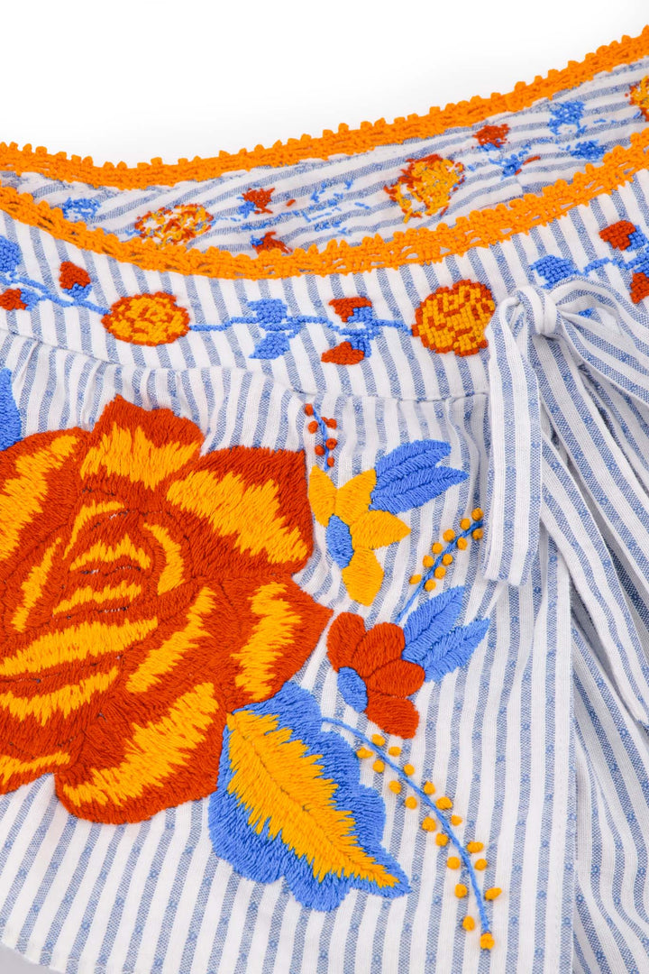 Marisol Off the Shoulder Embroidered Dress detailed shot of colors