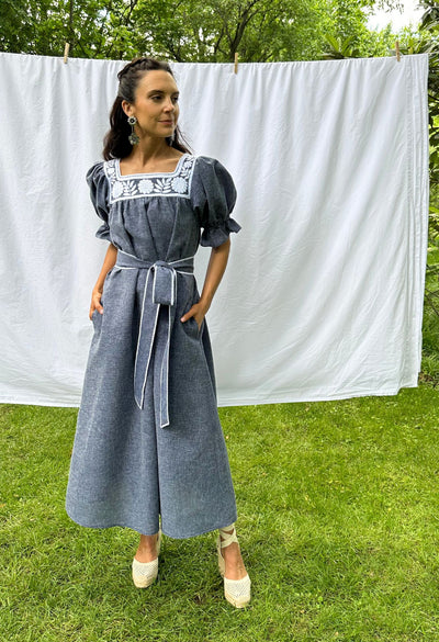 Marta puff sleeve navy midi dress with white embroidery