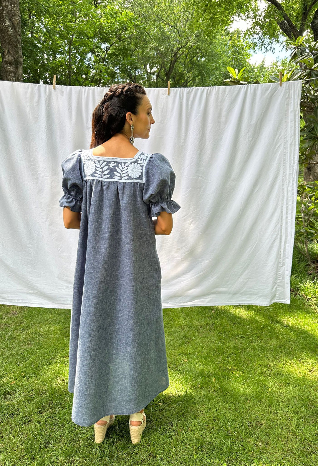 Marta puff sleeve navy midi dress with white embroidery