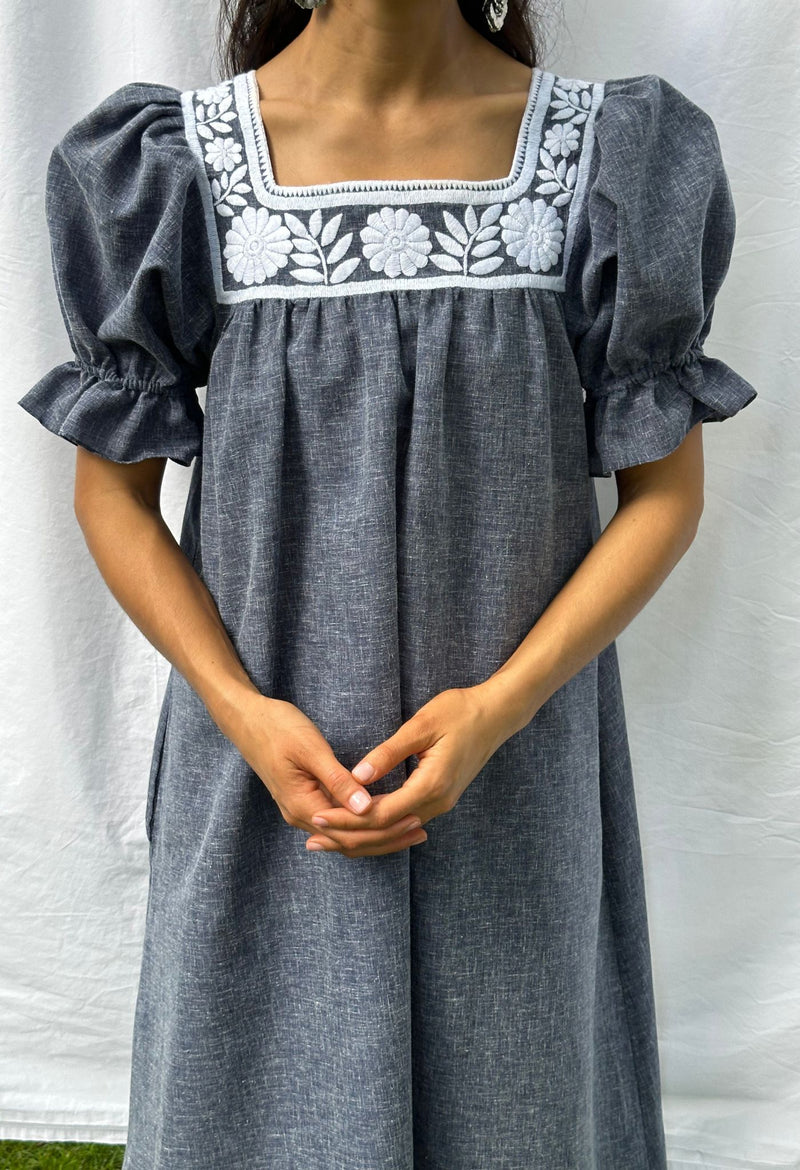 Marta puff sleeve navy midi dress with white embroidery
