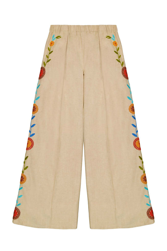 Paola Pants in tan emboidered front