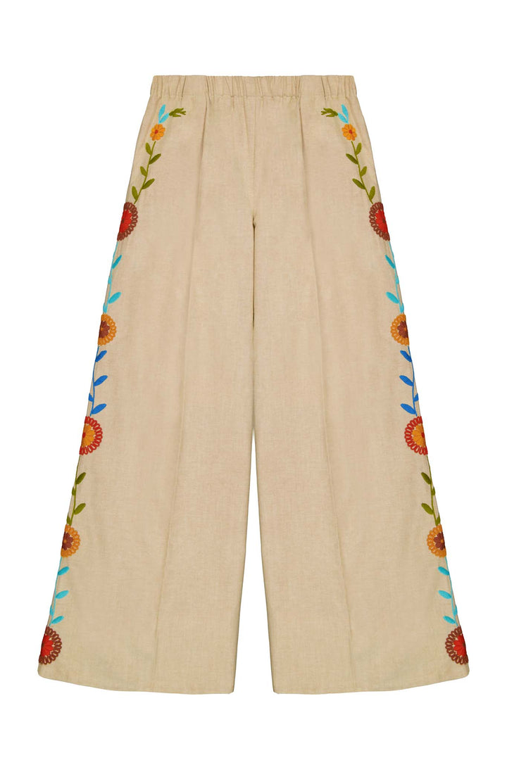 Paola Pants in tan emboidered front