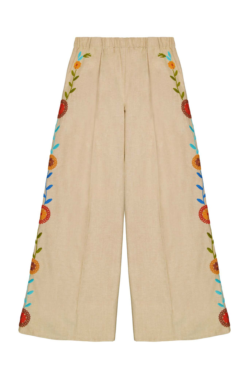 Paola Pants in tan emboidered front