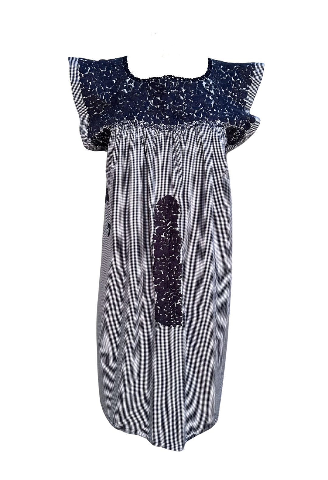 Gingham Azul Marino y Blanco Flores Short Dress