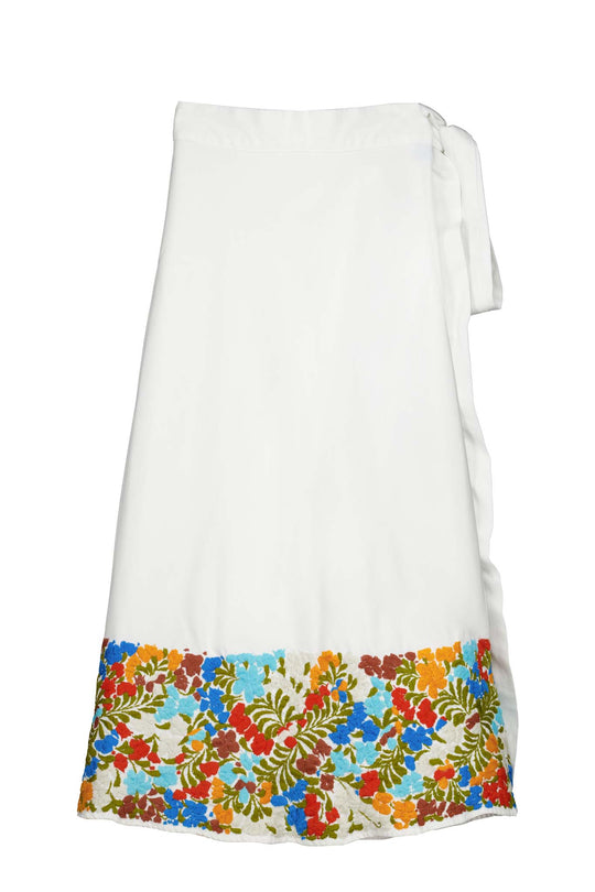 The Wrap Skirt in White emboidered with multicolor flores back
