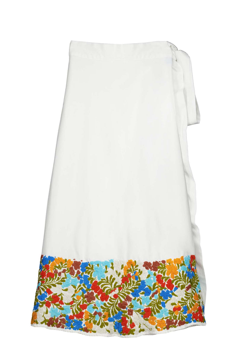 The Wrap Skirt in White emboidered with multicolor flores back