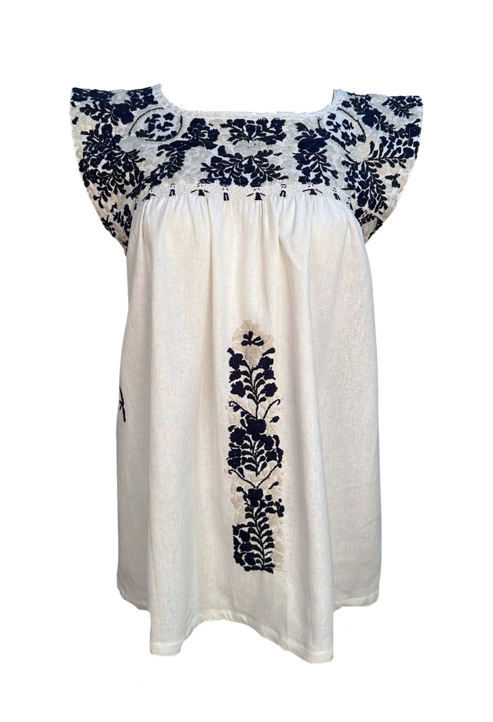 Blanca Crudo y Azul Marino Flores Blouse