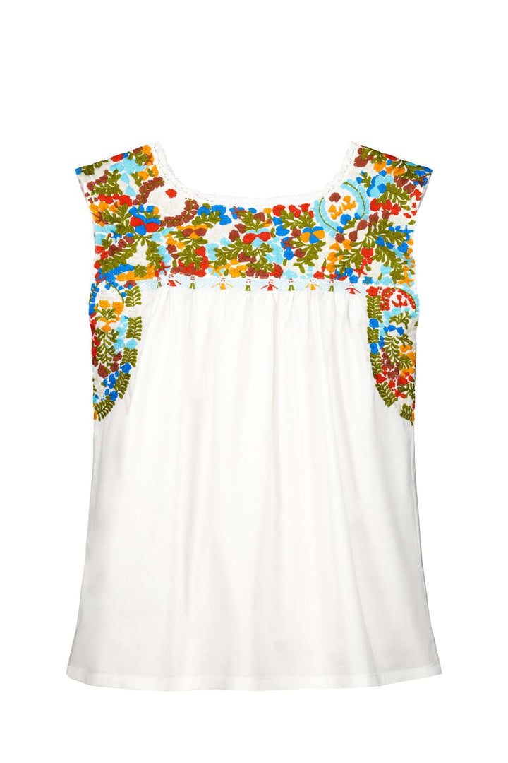 White Flores blouse with multicolor floral embroidery back