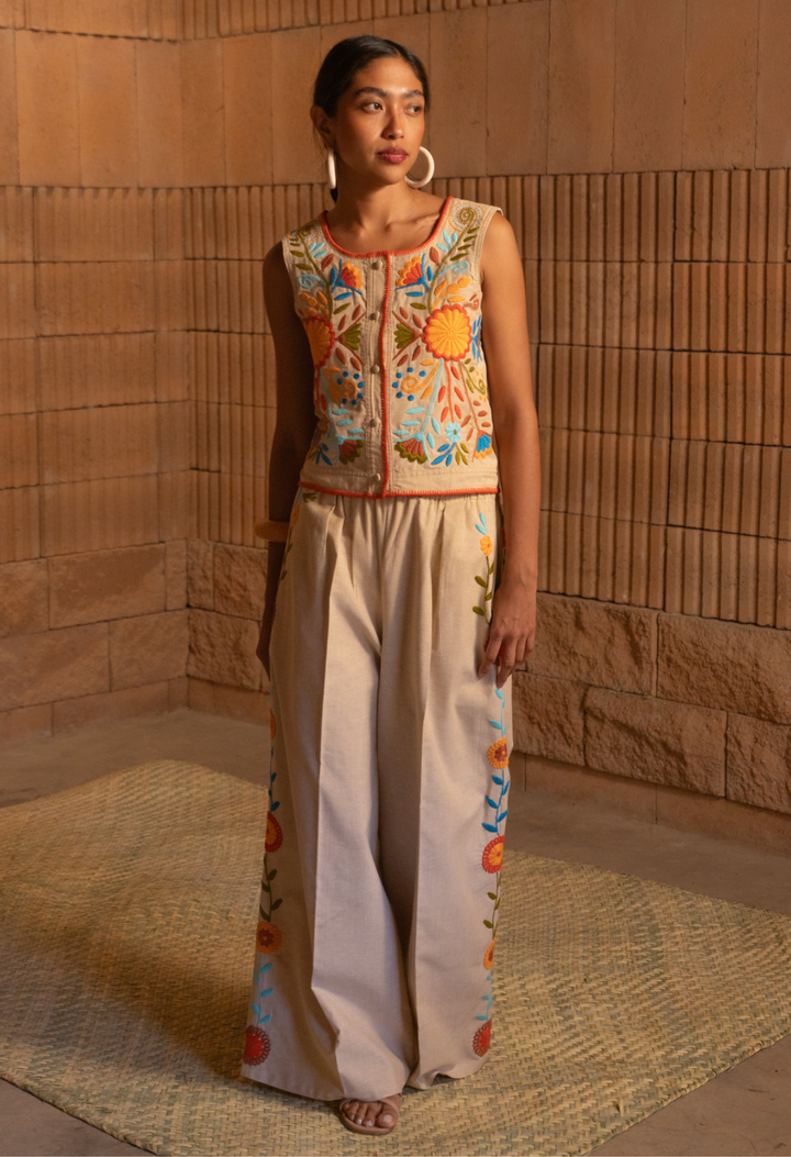 Paola Natural Embroidered Pants