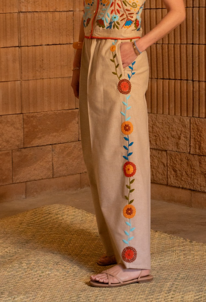 Paola Natural Embroidered Pants