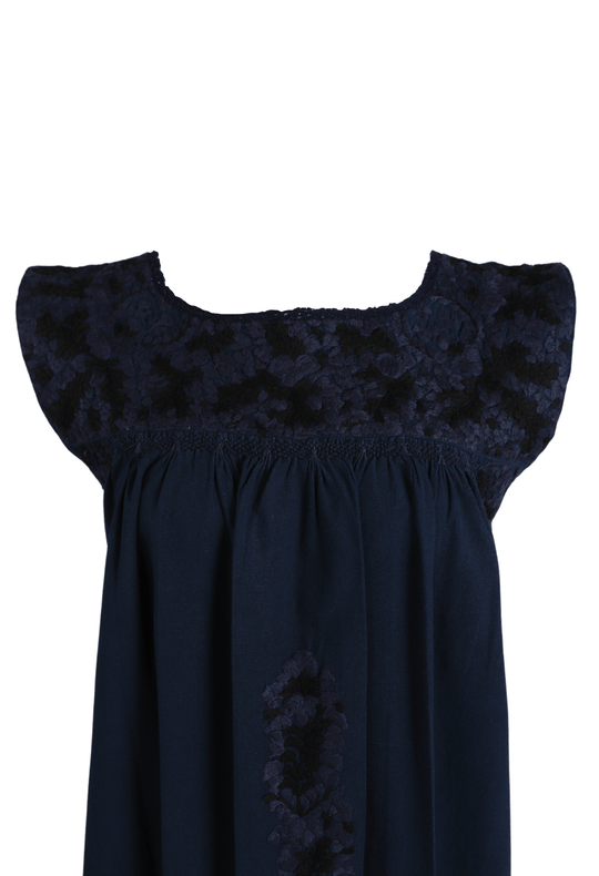 Flores Short Dress Dress Grueso Marino y Negro