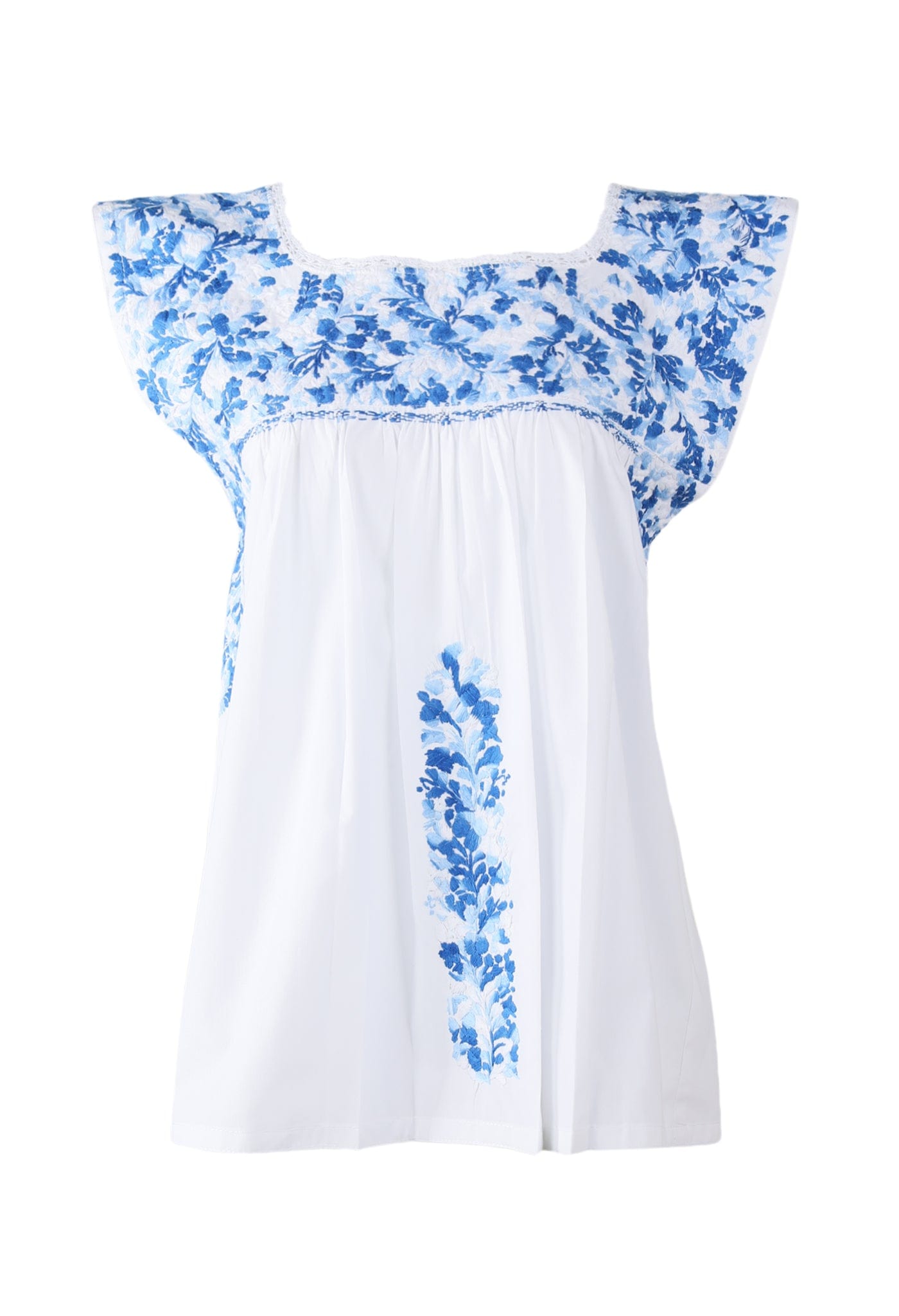 Flores Blouse Blouse Blanca Azul Brillante