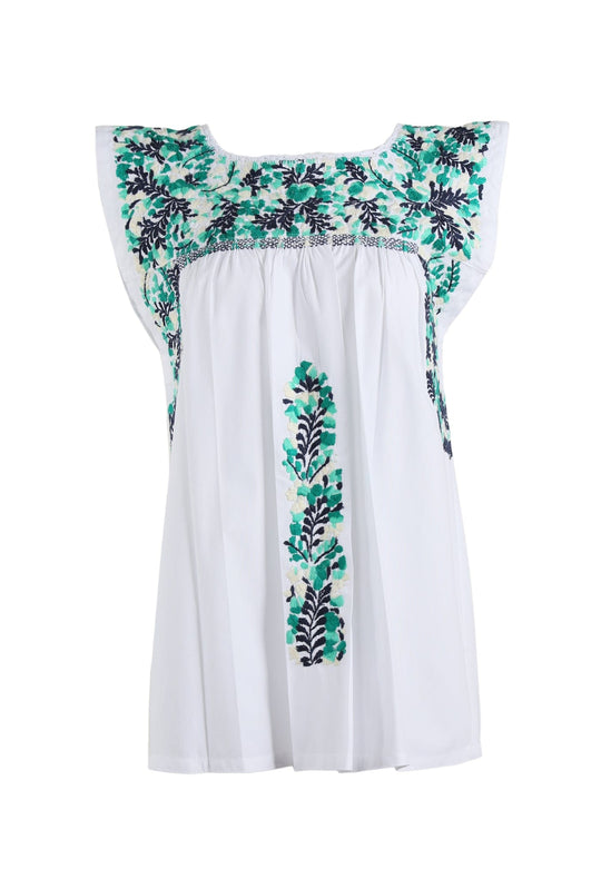 Flores Blouse Blouse Blanca Verde Brillante y Marino