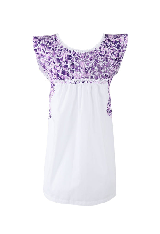 Flores Blouse Blouse Blanca Violeta Brillante