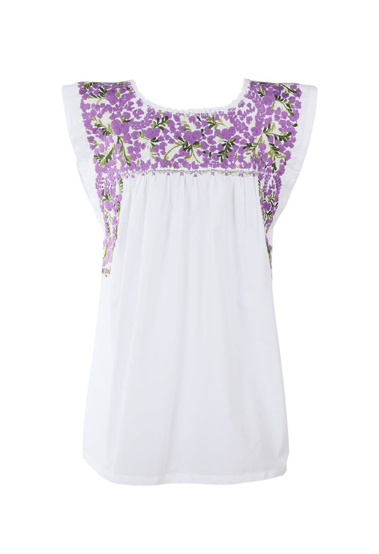 Flores Blouse Blouse Large Blanca Purpura y Oliva Brillante