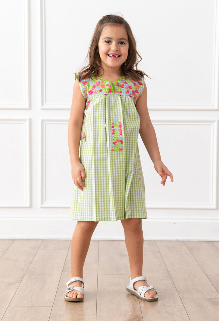 Florecita Gingham Verde y Rosa Chica